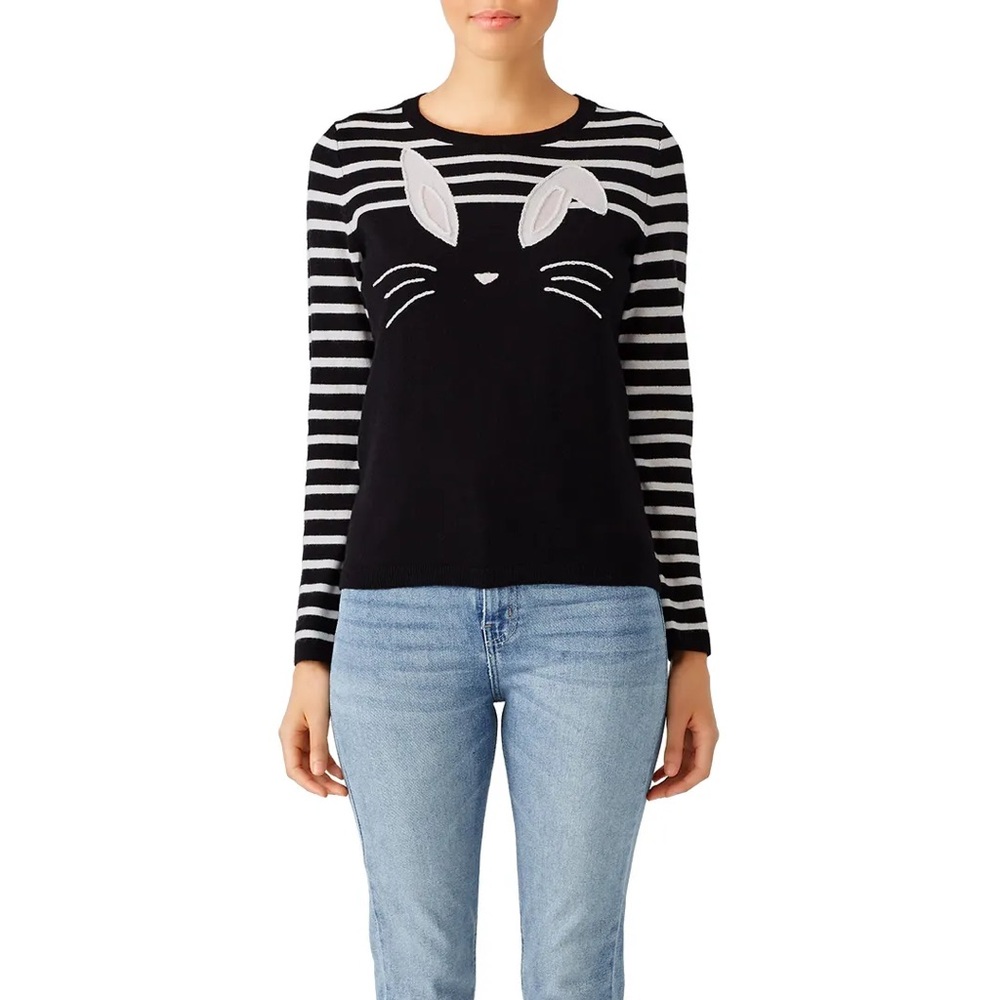 NWT Kate Spade Black White Striped Bunny Wool Blend Sweater PomPom Bunny Tail M